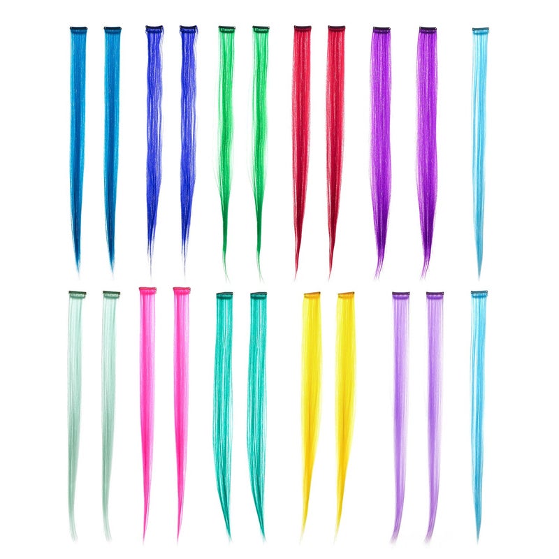 SWACC 22 Pcs Colored Party Highlights Clip on in Hair Extensions For Women Multi-Colors Hair Streak Synthetic Hairpieces (11 Colors 22 Pcs in Set -Straight) - Image 1